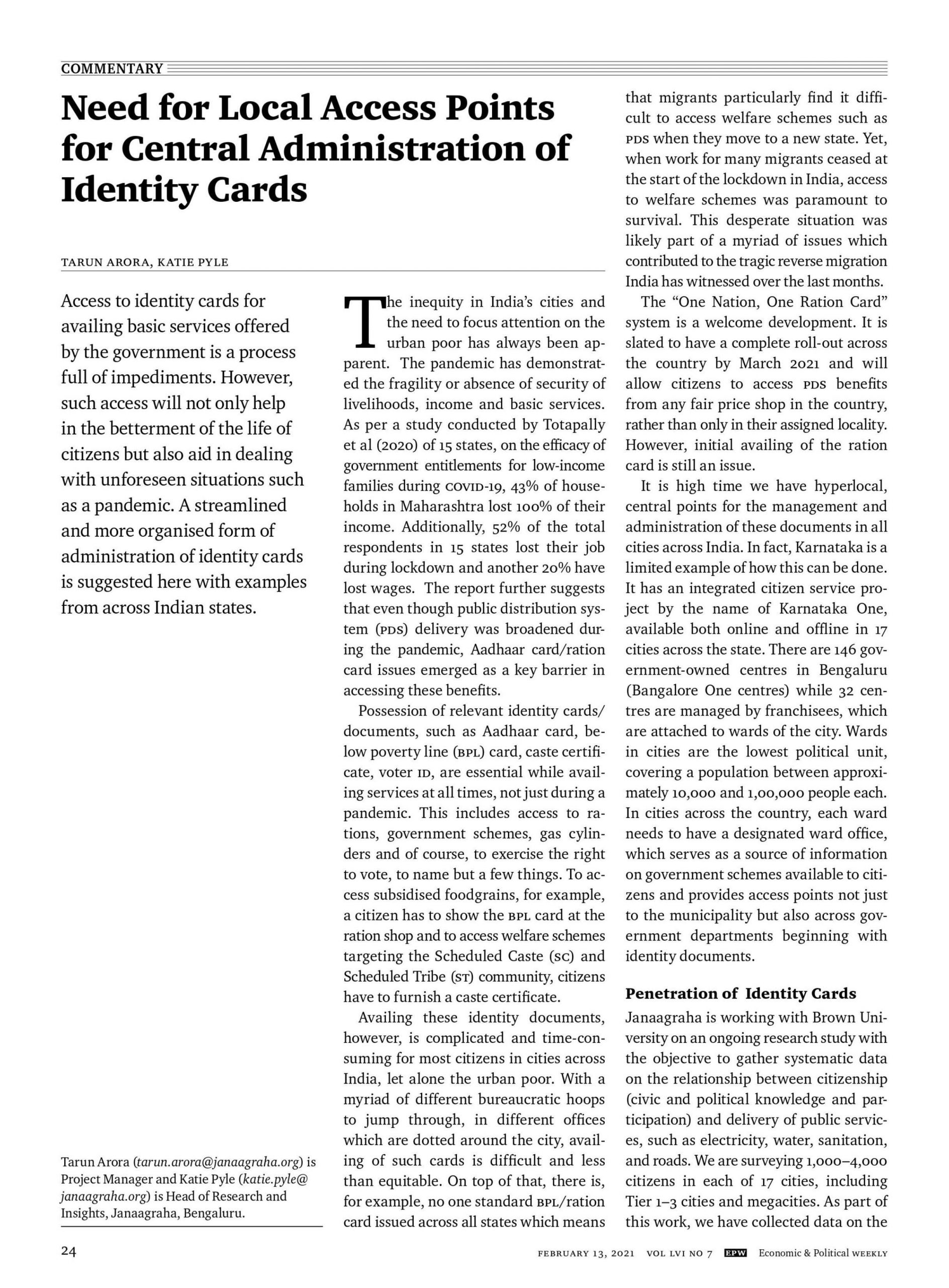 Need for Local Access Points for Central Administration of Identity Cards