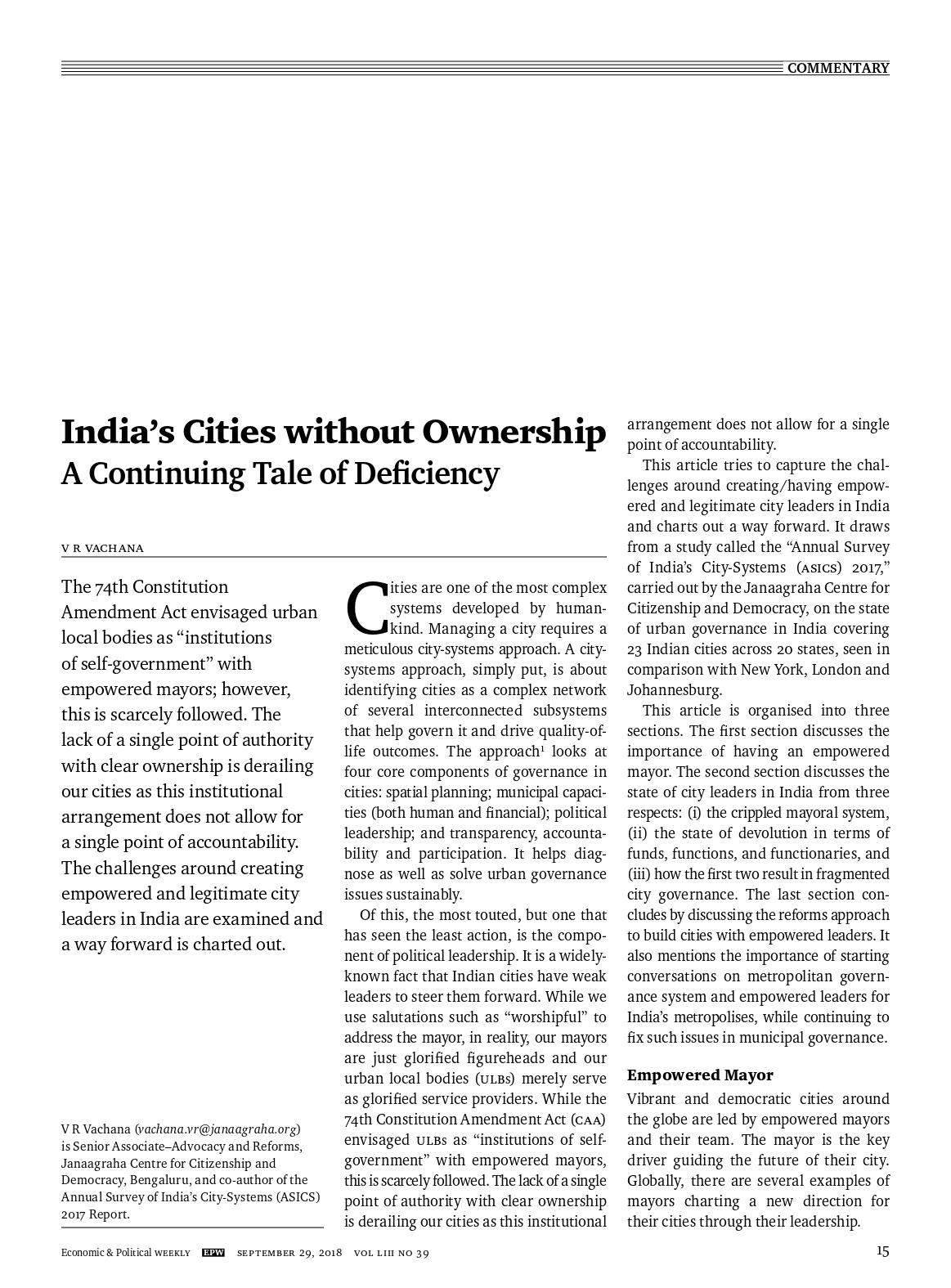 India’s Cities without OwnershipEPW September 2018By Vachana VR