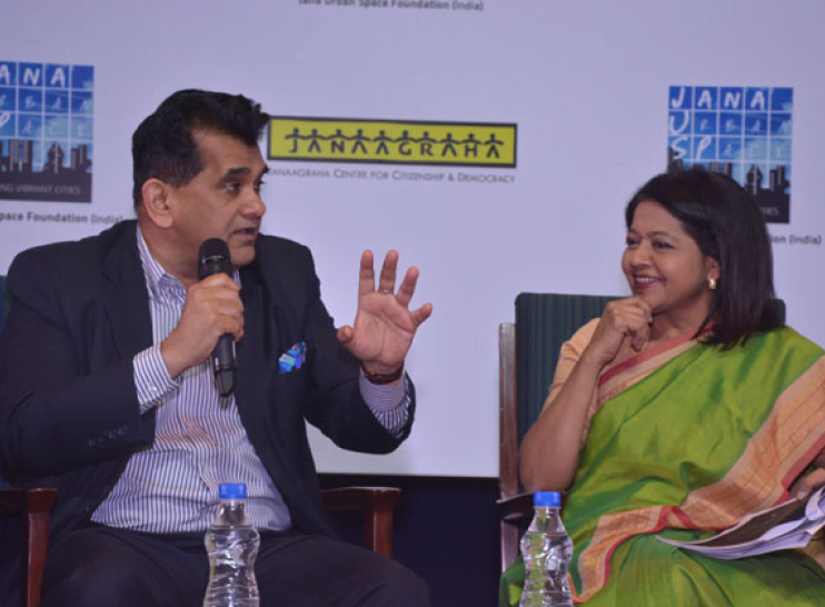 Amitabh Kant, Former CEO of NITI Aayog, and Latha Venkatesh, Executive Editor, CNBC TV-18 at the panel discussion at Janaagraha’s Annual Conclave on Shaping India’s Urban Agenda 2018  