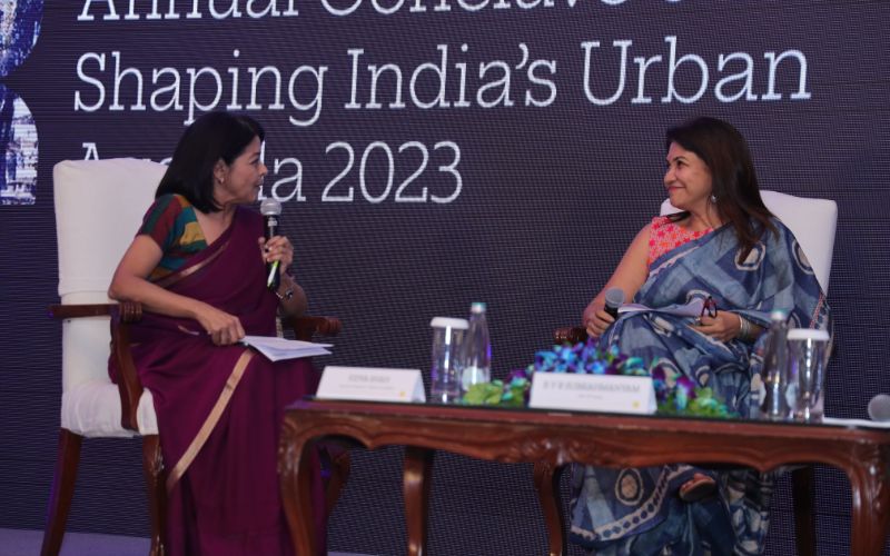 Latha Venkatesh, Executive Editor, CNBC-TV18, interacting with Vidya Shah, Executive Chairperson, EdelGive Foundation during the panel discussion at Janaagraha’s Annual Conclave on Shaping India’s Urban Agenda 2023