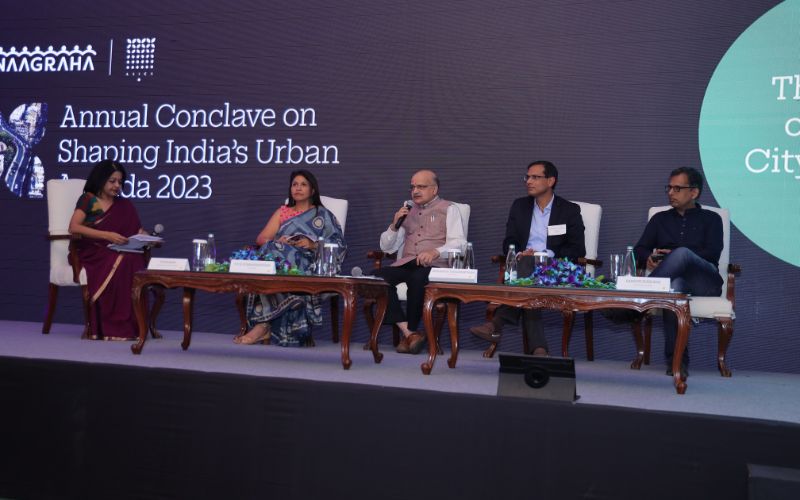 Panel discussion in progress at Janaagraha’s Annual Conclave on Shaping India’s Urban Agenda 2023   L to R: Latha Venkatesh, Executive Editor, CNBC-TV18; Vidya Shah, Executive Chairperson, EdelGive Foundation; B V R Subrahmanyam, CEO, NITI Aayog; Srikanth Viswanathan, CEO, Janaagraha; Sameer Shisodia, CEO, Rainmatter Foundation; 
