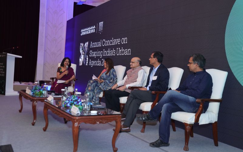 Panel discussion in progress at Janaagraha’s Annual Conclave on Shaping India’s Urban Agenda 2023  L to R: Latha Venkatesh, Executive Editor, CNBC-TV18; Vidya Shah, Executive Chairperson, EdelGive Foundation; B V R Subrahmanyam, CEO, NITI Aayog; Srikanth Viswanathan, CEO, Janaagraha; Sameer Shisodia, CEO, Rainmatter Foundation; 